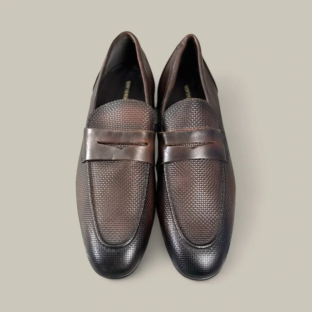 Vittorio Russo Men's Brown Leather Woven Texture Dress Loafer Shoes‎ Size 10.5